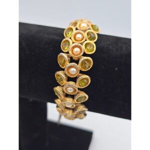 Vintage Gold Tone Link Bracelet Faux Pearl Peridot Green Cocktail kiam